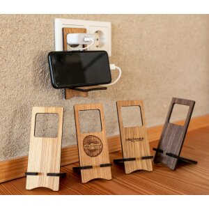 Personalized Wooden Smartphone Stand – for Desk & Wall Plug Use with Laser Engraving