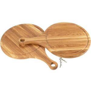 Round cutting board made of oiled oak with handle and juice groove - 30 x 45 x 2.1 cm