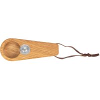 Personalized bottle opener made of oiled oak with leather strap and laser engraving