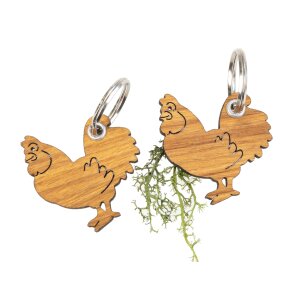 FSC® oiled oak key fob in rooster shape