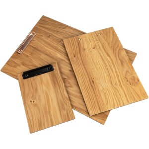 Holz Klemmbrett aus FSC® Eiche Kleinastig beidseitig gebürstet geölt DIN A4 - Klammer Used look – Alt Messing - Kantenschutzecken