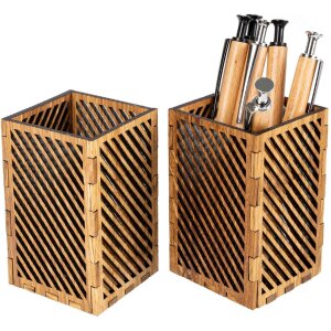 Wooden pen holder with geometric stripe shape made of oak wood
