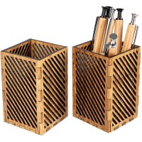 Wooden pen holder with geometric stripe shape made of oak...