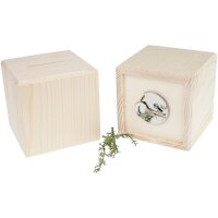 Wooden spruce money box cube 10 cm with metal lock - Safe...