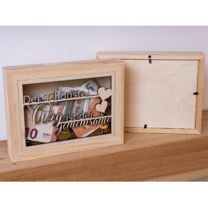 Wooden money box picture frame with glass insert - Wedding cash box "The most beautiful way is the common one"