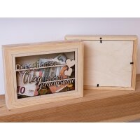 Wooden money box picture frame with glass insert -...