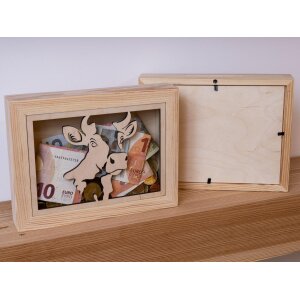 Holz-Spardose Bilderrahmen mit Münzschlitz und Glas-Einsatz - Sparkasse mit Kuhmotiv