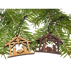 Holz Weihnachtsbaumschmuck - Krippenstall Nussbaum geölt