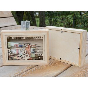 Wooden money box picture frame with coin slot and glass insert - The perfect savings bank for your drivers license