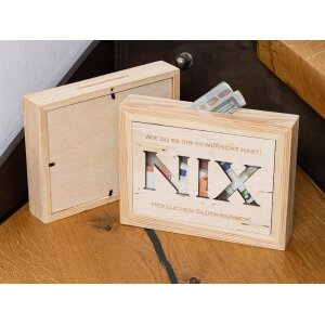 Savings bank for those who wish for NIX - wooden money box picture frame with glass insert and coin slot
