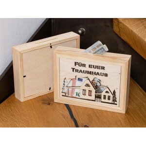 Money box for the dream house - Wooden money box picture frame with glass insert and coin slot