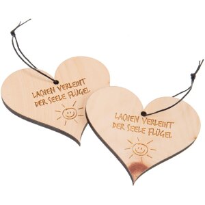 Swiss stone pine heart with cord hemp cord and engraving "Laughter gives wings to the soul"
