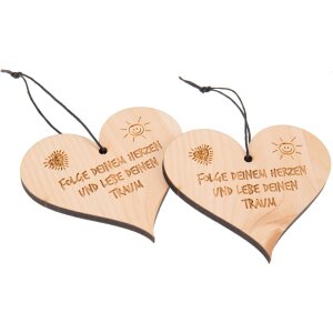 Swiss stone pine heart with cord hemp cord and engraving "Follow your heart and live your dream"