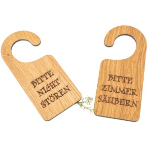 Wooden door hanger - door handle sign made of FSC® oiled oak - "Please clean room / Please do not disturb"