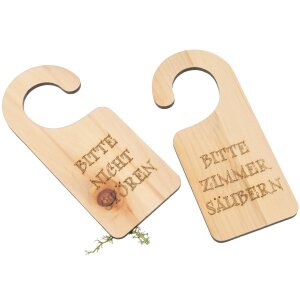 Holz-Türanhänger - Klinkenschild aus duftender Zirbe "Bitte Zimmer säubern / Bitte nicht stören"