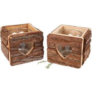 Rustic wooden lantern with bark - 11 x 11 cm for a cozy atmosphere Heart