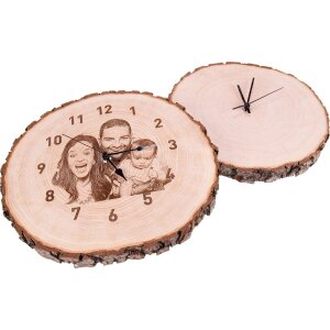 Wall clock with radio-controlled movement and photo engraving - Alder with bark - Ø: approx. 27 cm