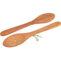 Oiled cherry wood spoon with oval bowl and drainage holes...