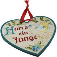 Holz Geschenk-Herzen - bunt bedruckt - Hurra ein Junge
