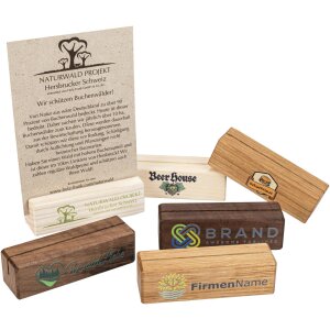Personalisierter Holz Tischaufsteller / Tischdisplay mit 5C UV Druck 10 x 3 cm