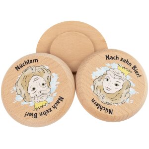 Beer mat made of FSC® beech wood with colorful print "Reversible face - after ten beers"