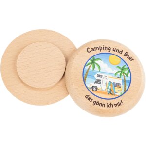 Bierdeckel aus FSC® Buchenholz mit Buntdruck "Camping und Bier, das gönn ich mir!"