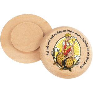 Beermat made of FSC® beech wood with colorful print "Be kind and nice to your wife, then she will provide you with a beer"