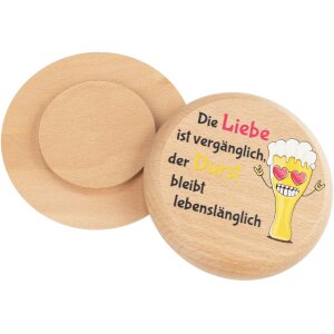 Beer mat made of FSC® beech wood with colorful print "Love is fleeting, thirst lasts a lifetime"