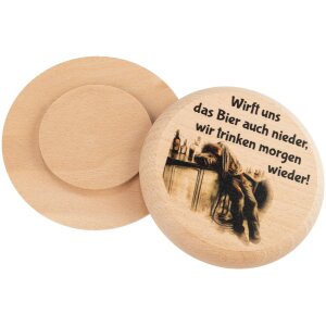 Beer mat made of FSC® beech wood with colorful print "Throw us the beer down too, well drink again tomorrow!"