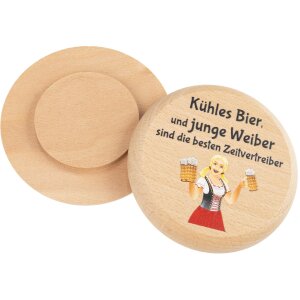 Beer mat made of FSC® beech wood with colorful print "Cool beer, and young women are the best time passers"