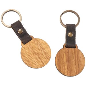 Round Oiled Oak Keychain – Dark Brown Leather Strap & Brass Ring