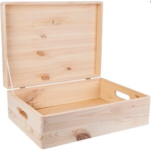 Large wooden crate with solid wood hinged lid and handle - 40 x 30 x 13.5 cm - FSC® certified