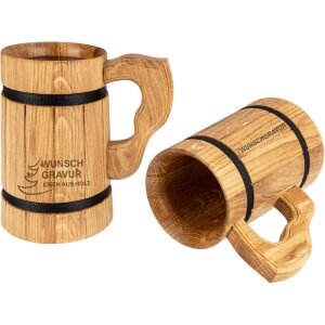 Oak Wood Beer Mug 0.5 L – personalized laser engraving, rustic & food-safe coated interior