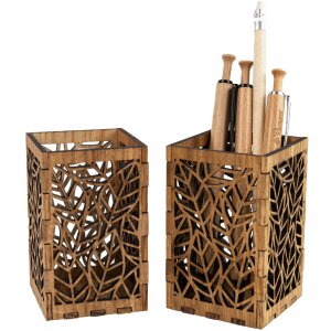 Holz-Stiftehalter mit Laubbaum Blättern aus Eichenholz