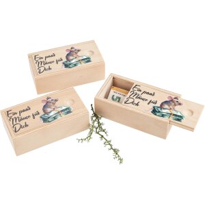 Wooden box perfect for gifts of money printed with "A few mice for you" with little mouse