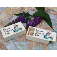 Wooden box perfect for gifts of money printed with "A few mice for you" with little mouse