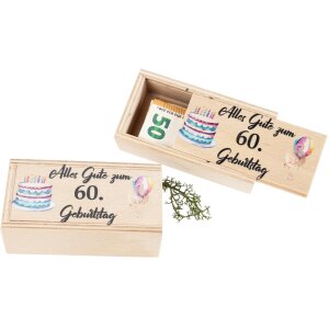 Holz Box perfekt für Geldgeschenke bedruckt mit "Alles Gute zum 60 Geburtstag"