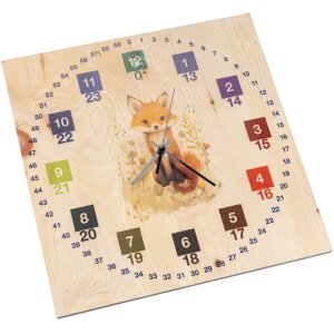 Childrens wooden wall clock made of fragrant Swiss stone pine with silent radio-controlled movement