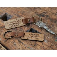 Oak wood key ring with leather strap | Individual engraving