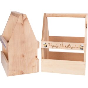 Wooden beer carrier made of FSC® alder with colorful print: "Papas handbag"