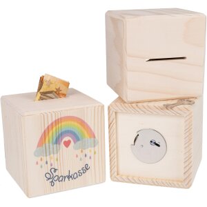 Holz Spardose Würfel mit Metallschloss - Regenbogen für Kinder