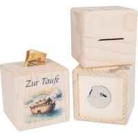 Wooden money box cube with metal lock - For baptism with...