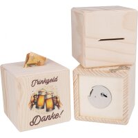 Holz Spardose Würfel mit Metallschloss - Trinkgeld...