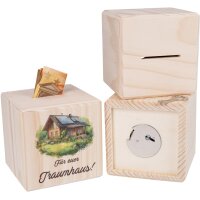 Wooden money box cube with metal lock - For your dream home!