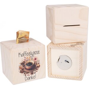 Holz Spardose Würfel mit Metallschloss - Kaffeekasse mit Kaffeetasse
