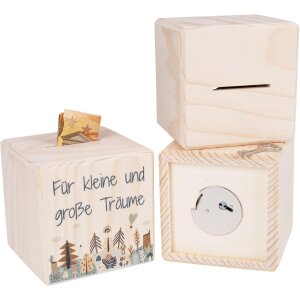 Wooden money box cube with metal lock - For small and big dreams - Childrens savings bank