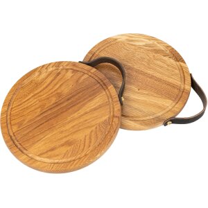 Round oak cutting board for pizza | 25 cm with leather handle