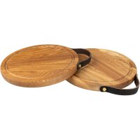 Round oak cutting board for pizza | 25 cm with leather handle
