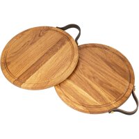 Round oak cutting board for pizza | 30 cm with leather handle