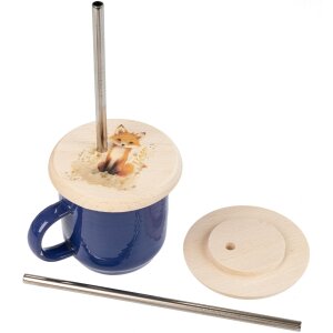 Holz Glasabdeckung aus FSC® Buche mit Edelstahl Strohhalm - mit Tiermotiv Fuchs